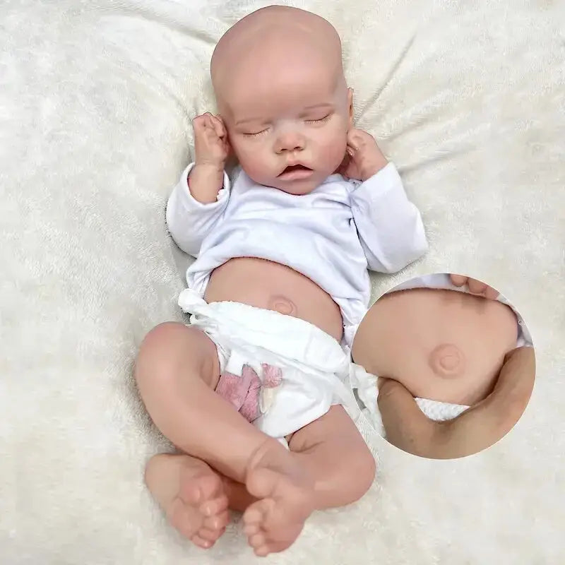 Bambola reborn bocca aperta occhi chiusi 45cm 100% silicone
