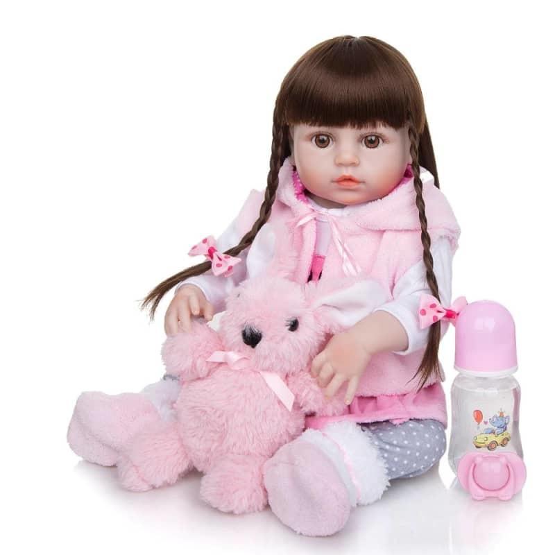 bambola reborn capelli lunghi da pettinare, con vestiti e accessori di neonato