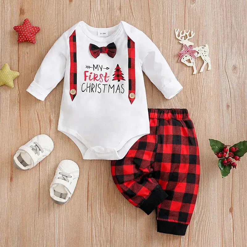 Completo natalizio 2 pezzi per bambole reborn maschio / vestiti di natale per bambole reborn / body "il mio primo natale" con pantalone rosso e nero