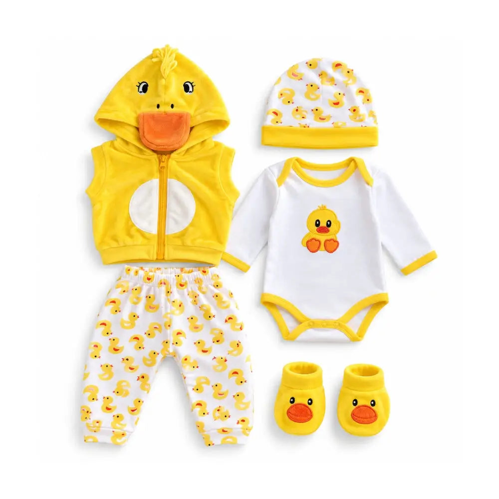pigiama neonato giallo con body, pantalone, cuffia da notte, scarpine e una giacca con cappuccio dotata di una testa di anatraccolo
