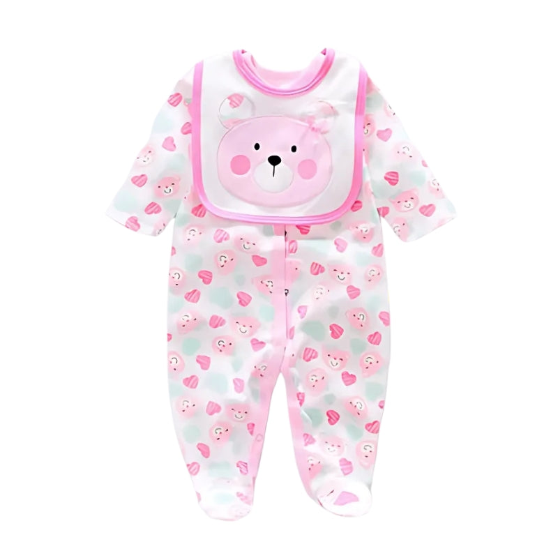 Pigiama reborn 1 pezzo + bavaglino - orsetto rosa / vestiti per bambole reborn femmine / bavaglino + pantalone + body + calzini per vestire le bambole reborn