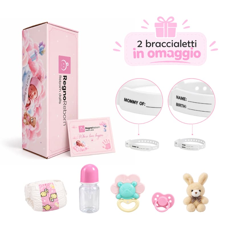 scatola regalo regnoreborn con accessori femmina: certificato di nascita, pannolino, biberon e ciuccio rosa, sonaglino, coniglietto di peluche, 1 braccialetto di nascita e 1 braccialetto in omaggio.