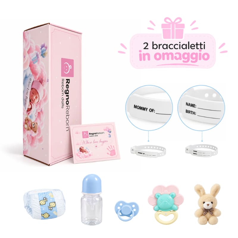scatola regalo regnoreborn con accessori maschio: certificato di nascita, pannolino, biberon e ciuccio blu, sonaglino, coniglietto di peluche, 1 braccialetto di nascita e 1 braccialetto in omaggio.