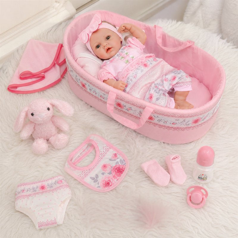 set-accessori-per-nascita-per-neonato-reborn-con culla, abito, pannolino, bavaglino, biberon, ciuccio, peluche e coperta