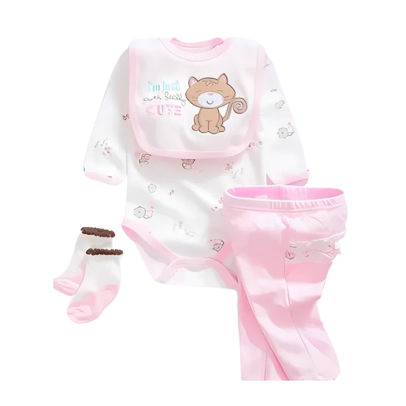Set di vestiti reborn - gattino rosa / vestiti per bambole reborn femmine / body + pantalone + bavaglino + calzini per vestire le bambole reborn