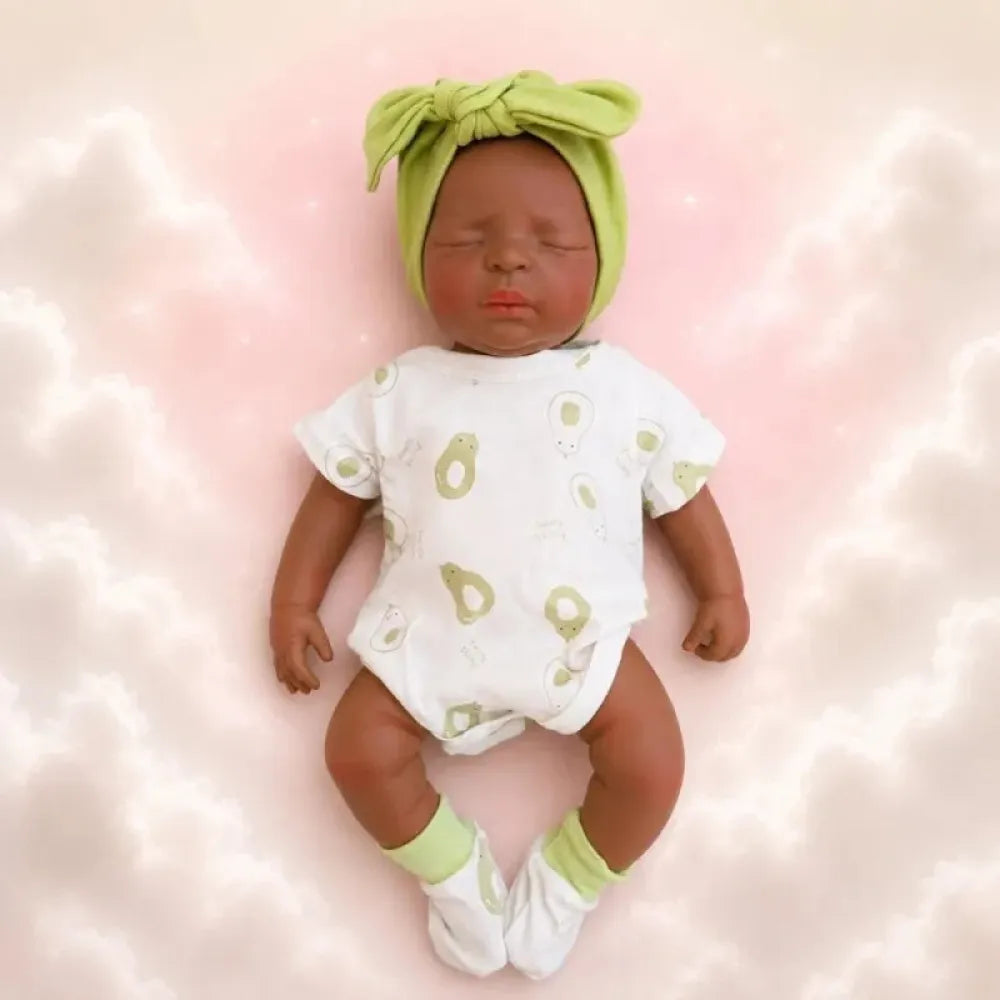Bambola reborn femmina di colore nera con occhi chiusi in silicone morbido intero di 45cm per 2.5kg