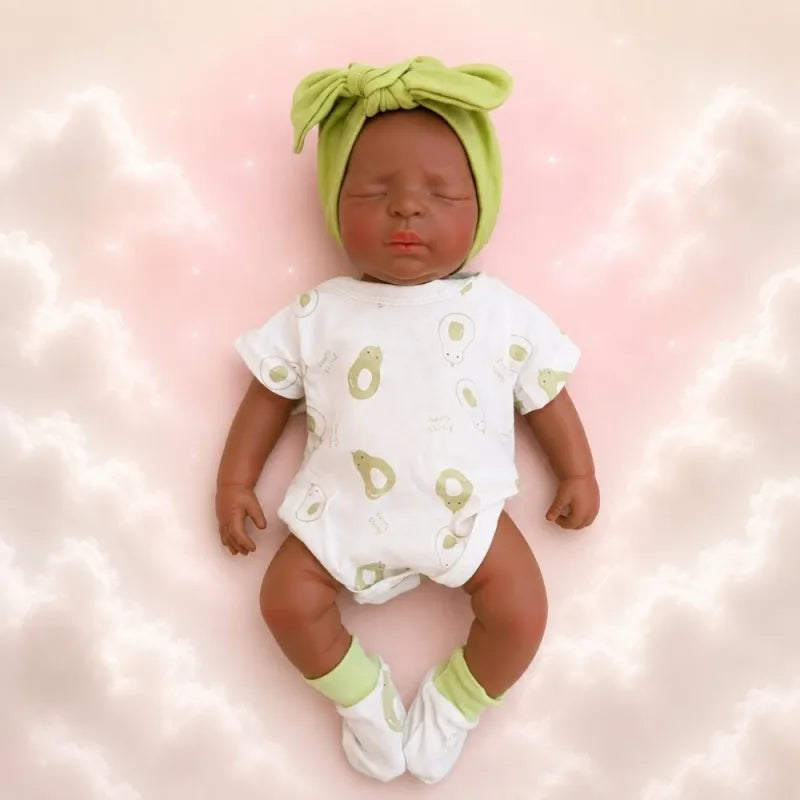 Bambola reborn femmina di colore nera con occhi chiusi in silicone morbido intero di 45cm per 2.5kg