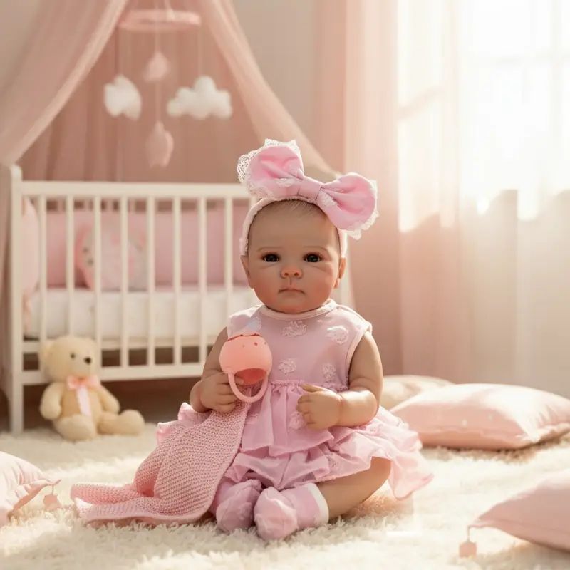 Bambola-reborn-seduta-sul-pavimento-nella-camera-da-letto-di-una-bambina