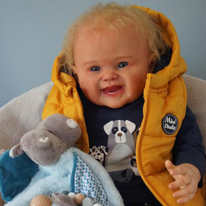 Bambola reborn maschio che sorride - Nolan by Ping Lau / neonato reborn maschio sorridente con bellissimi occhi blu aperti / bambola che sembra vera con vestiti da neonato 2 mesi
