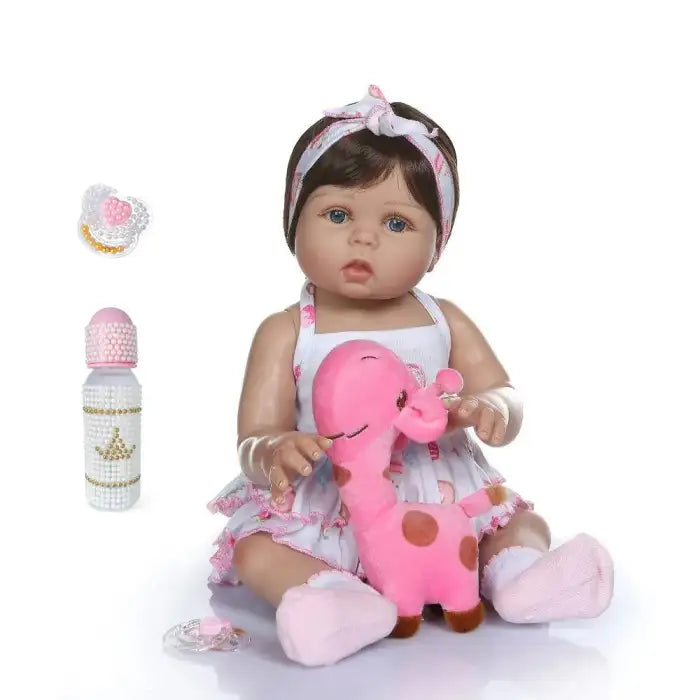 Bambola reborn pelle abbronzata 47cm - SOPHIE / bambola reborn femmina occhi aperti blu / bambola reborn femminuccia con vestiti, accessori e peluche