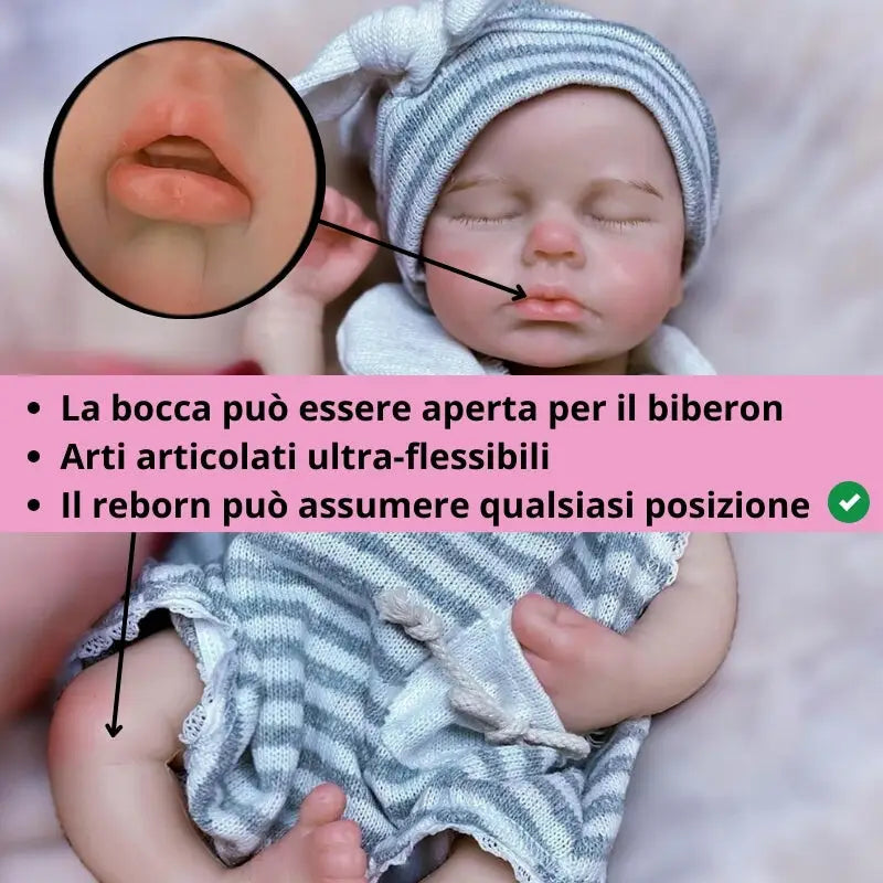 Bambole reborn gemelli occhi chiusi 32cm in silicone / la bocca puo essere aperta per dare il biberon / Le bambole reborn possono asumere qualsiasi posizione grazie ai loro arti molto flessibili