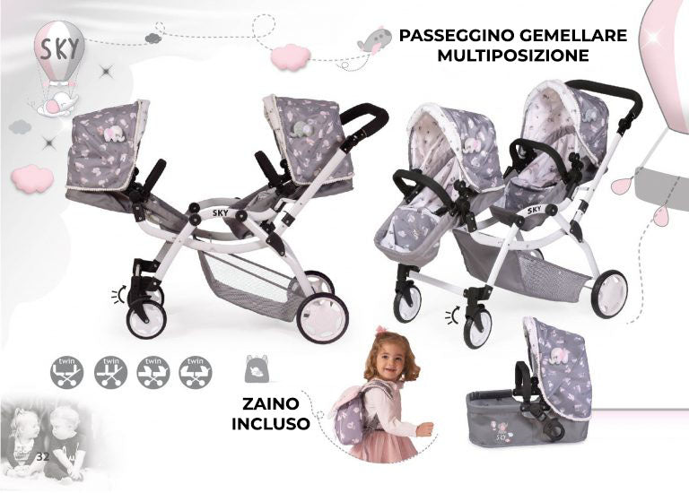 Carrozzina gemellare per bambole reborn con borsa elefante