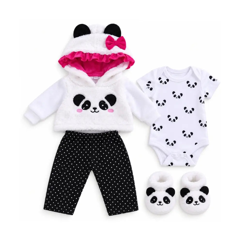 outfit panda con pantalone, body, felpa con capuccio e scarpine per bambola-reborn-femmina
