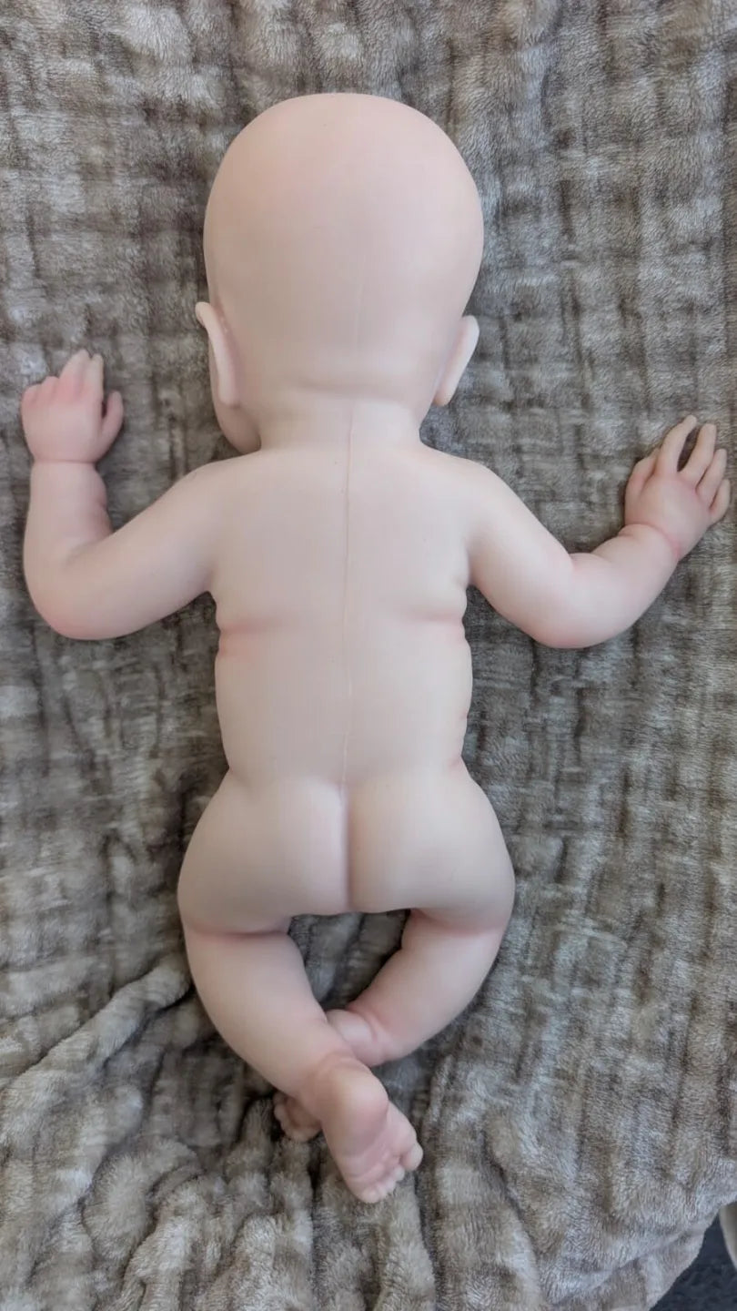 Neonato reborn maschio in silicone di 40 cm, corpo intero visto da dietro