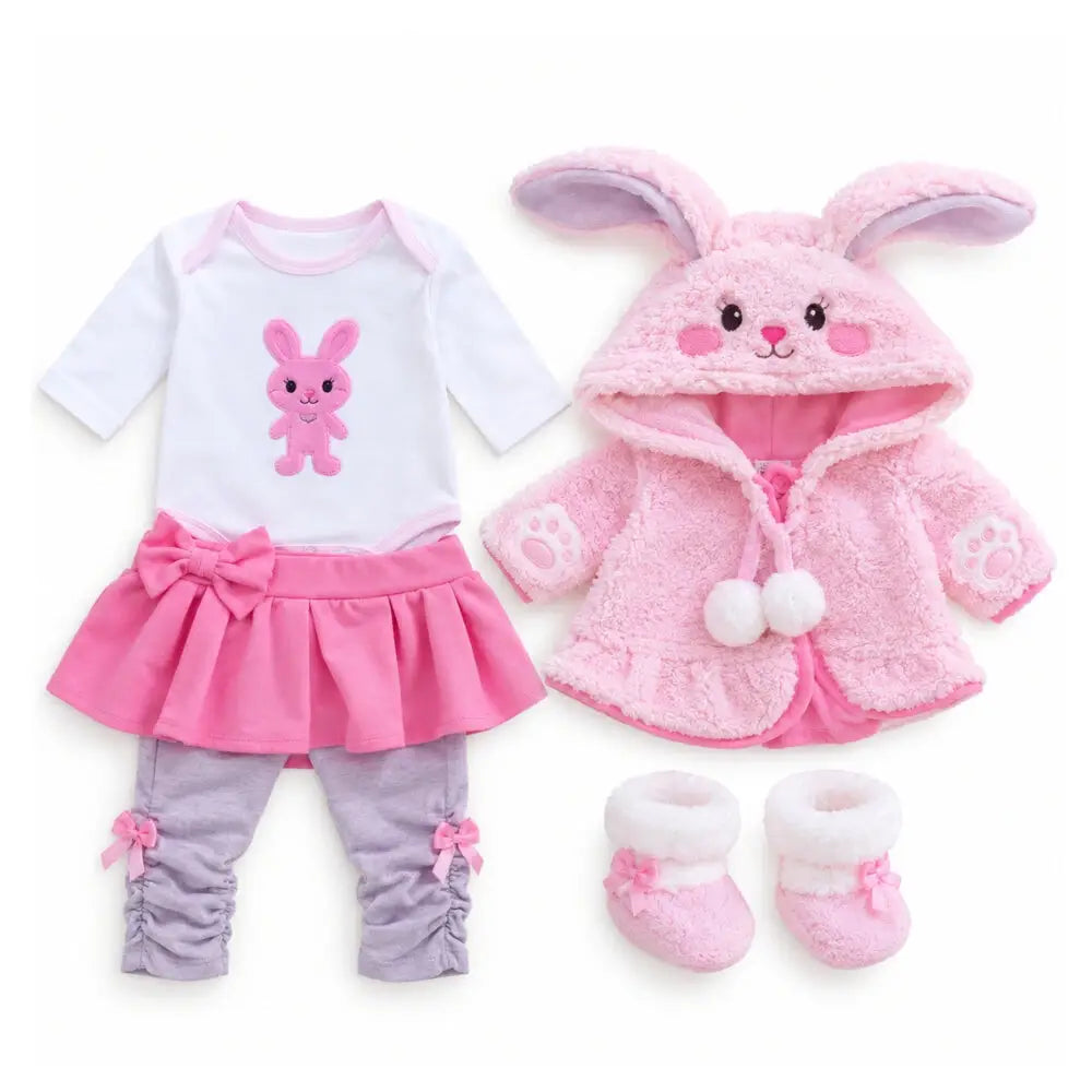 outfit rosa con giacca pompom e orecchie da coniglietto, body, pantalone grigio e rosa, e scarpine coordinati per bambola-reborn-femmina