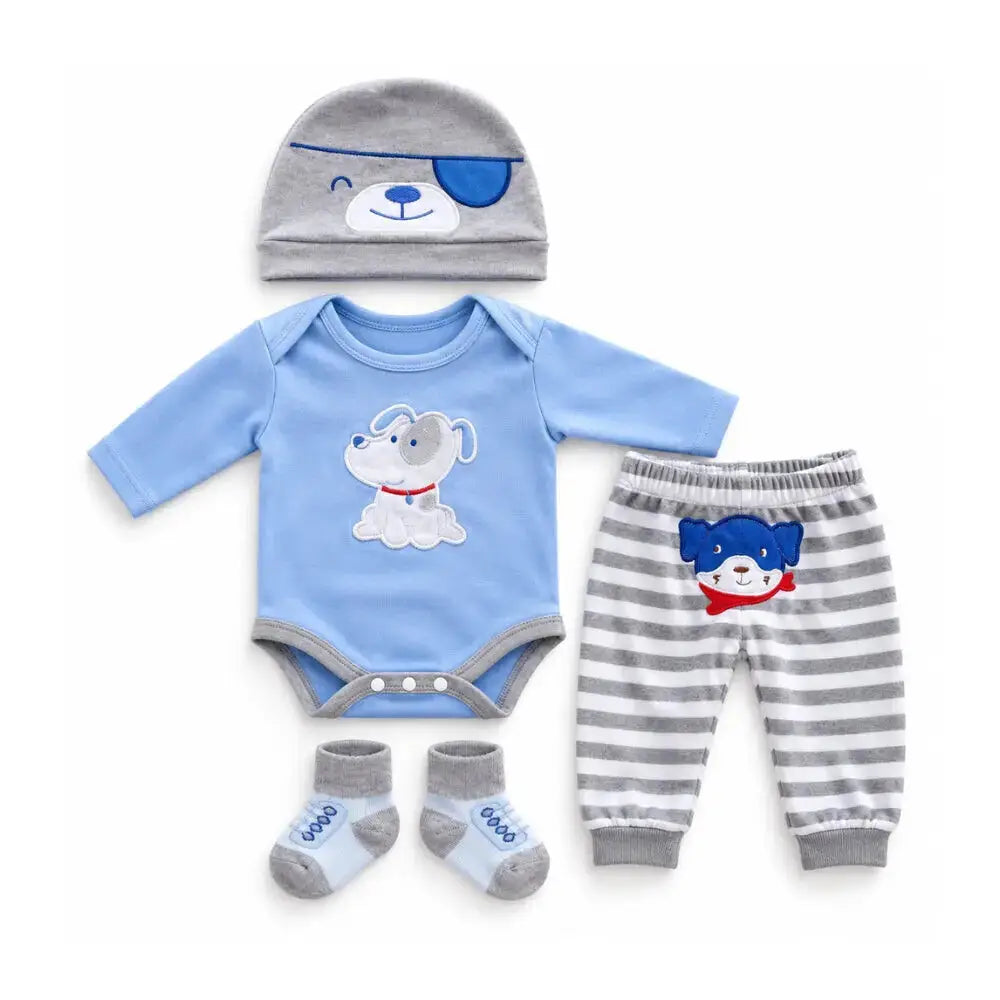 pigiama-cagnolino-blu-con body, pantalone, calzini e capellino per bambola-reborn-maschio