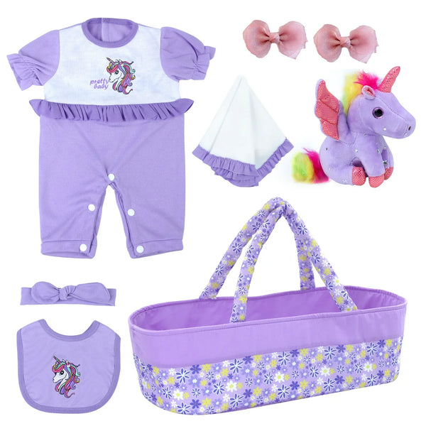 Set x7 accessori unicorno per bambole reborn / vestiti, copertina, peluche unicorno, bavaglino unicorno, cesto da trasporto, fascia e fermagli per capelli della bambola reborn