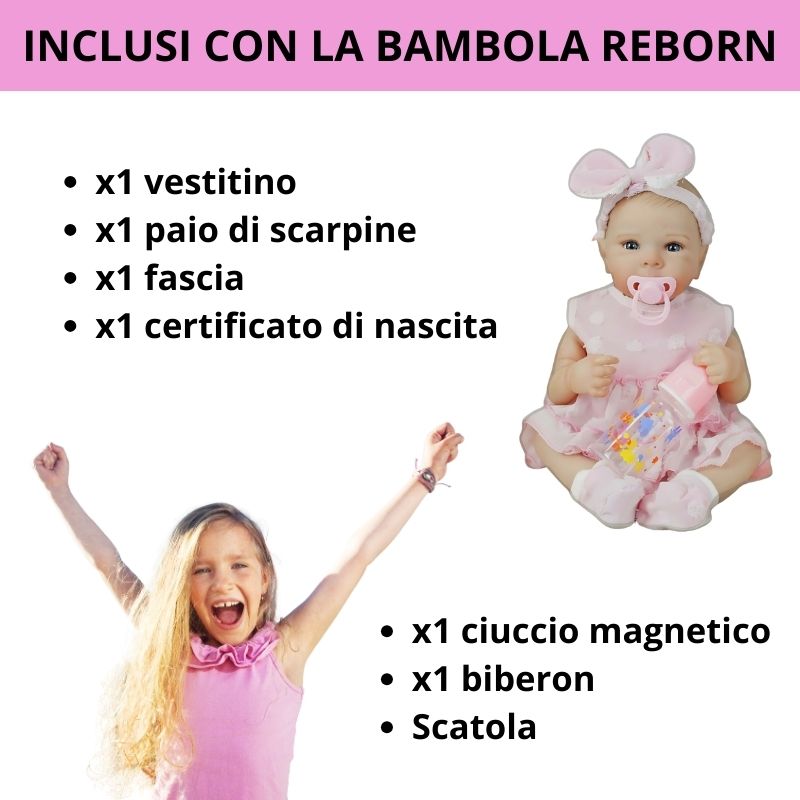 accessori-inclusi-con-la-bambola-reborn-femmina-realistica-bettie: vestito, scarpine, fascia, biberon, ciuccio, certificato di nascita, scatola /  accessoires-inclus-avec-la-poupee-reborn-fille-réaliste-bettie : robe, chaussures, bandeau, biberon, tetine, certificat de naissance, boite 